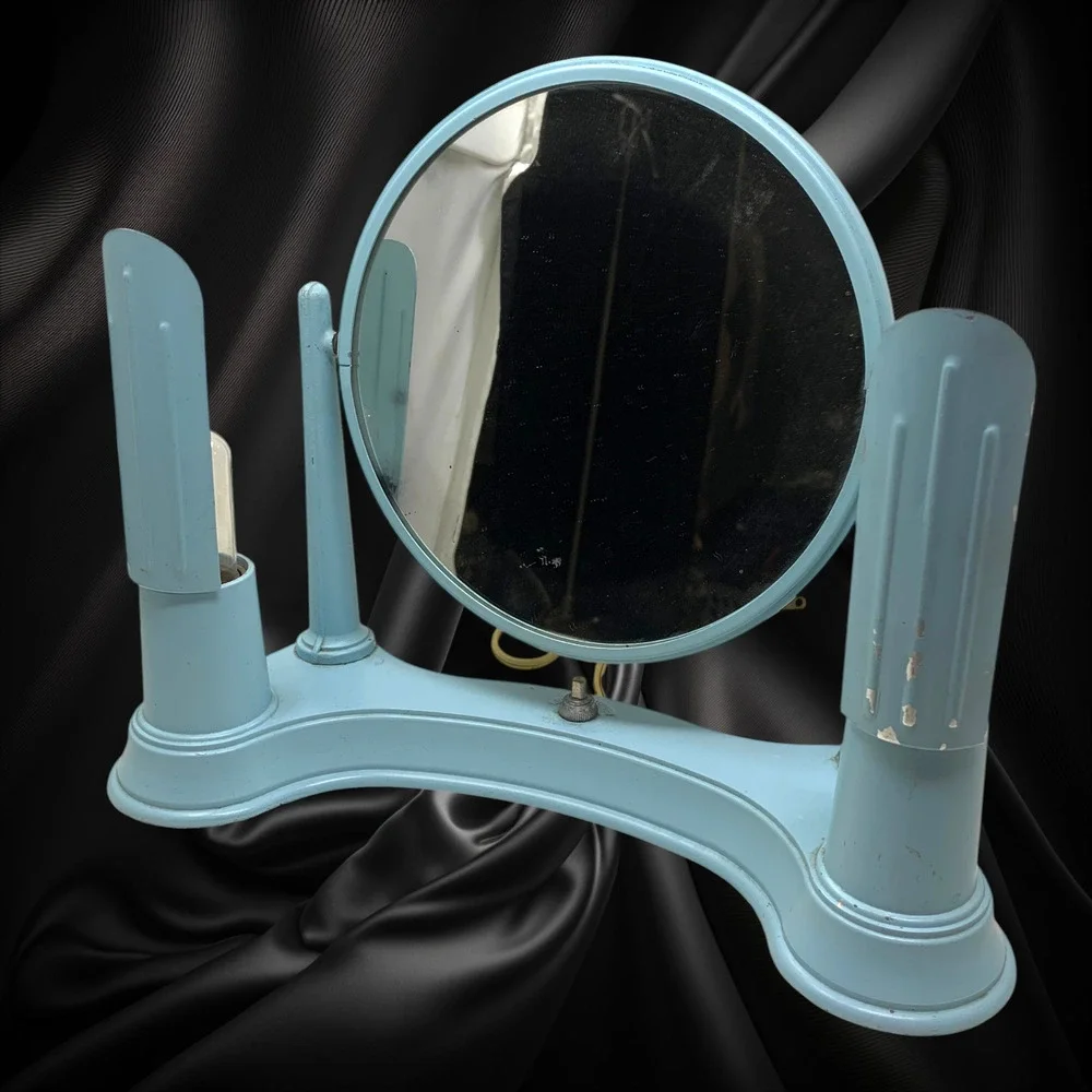 Vintage Bel Ayre Art Deco Boudoir Vanity Mirror Lighted Makeup Powder Blue
